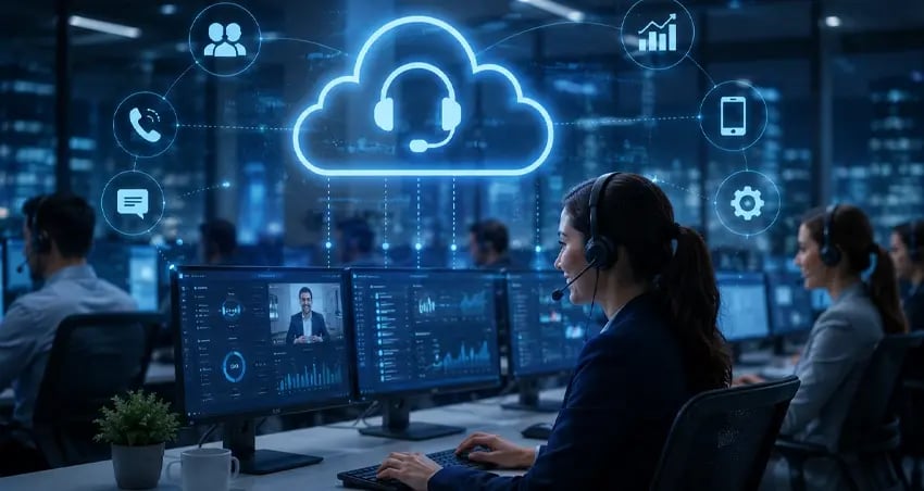Empleados trabajando con un Contact Center en la Nube